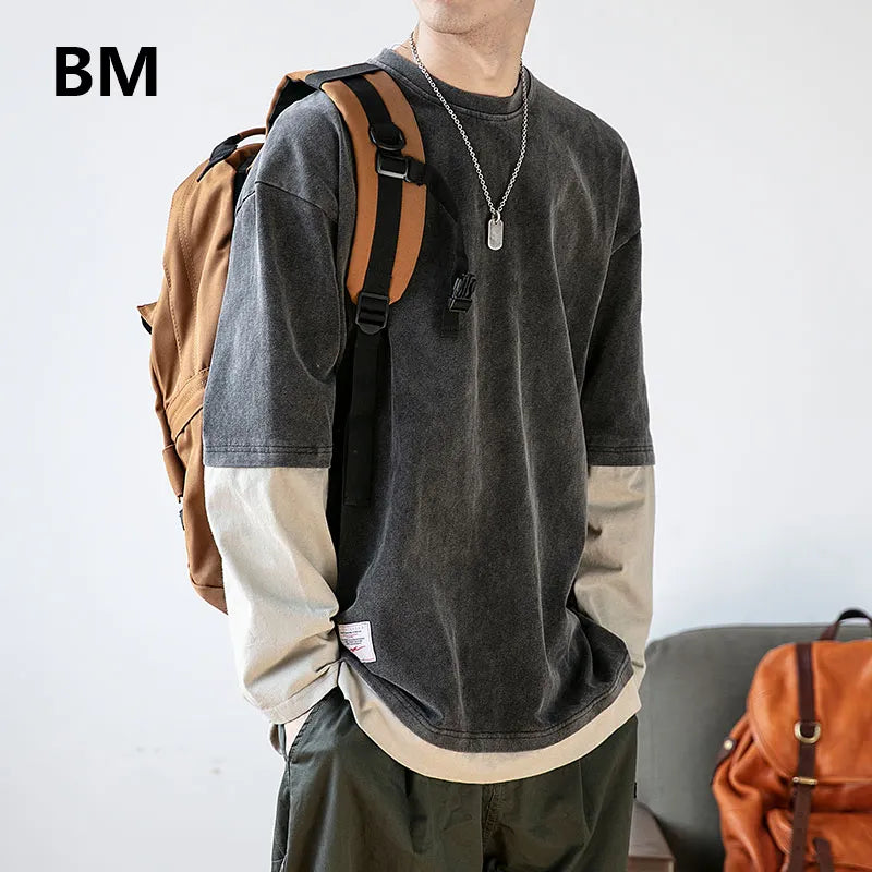 Japanese Streetwear Fake Two Sweatshirts Fashion Round Neck