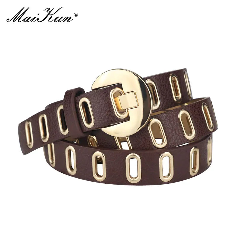 Maikun New Grunge Women Belt Adjustable Hole Grunge Punk Belts for Women Alloy Pin Buckle PU Leather Belt