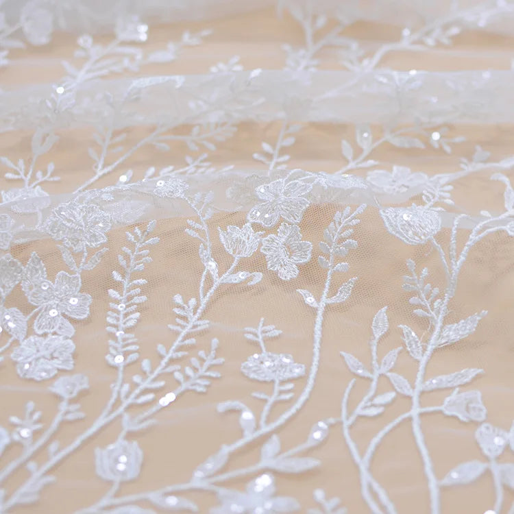 Snow White, Ivory Sequined Tulle Lace Fabric for