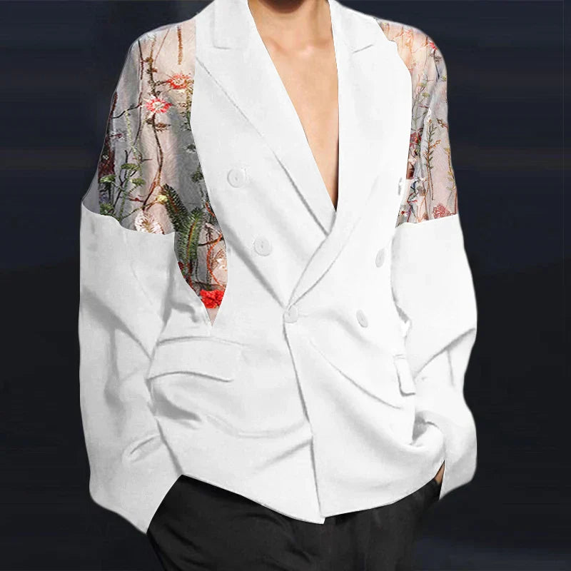 Men Blazer Mesh Patchwork See Through Streetwear Double