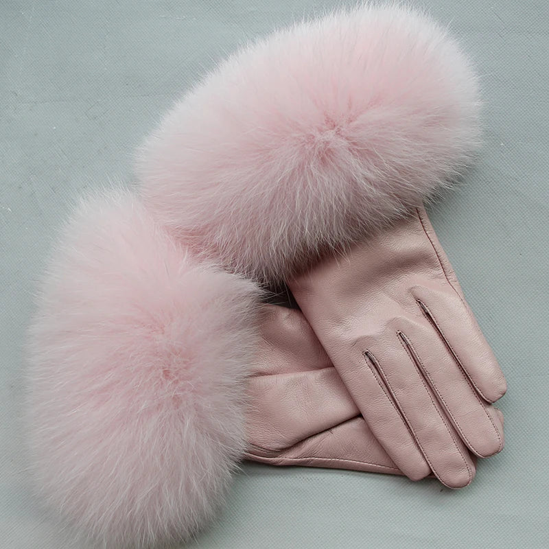Real Sheepskin Fox Fur Gloves Women's Genuine Leather