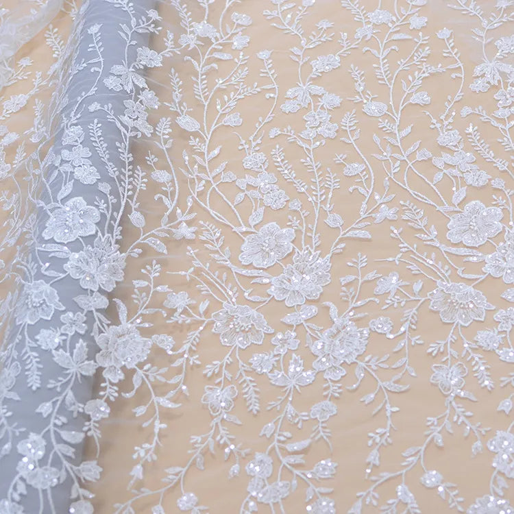 Snow White, Ivory Sequined Tulle Lace Fabric for