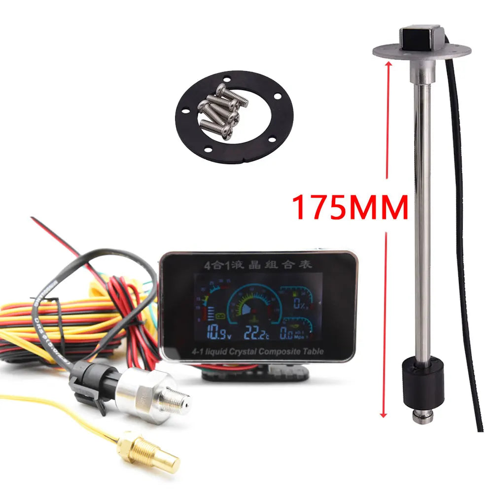 4-in-1 LCD Car Digital Gauge: Voltmeter, Oil Pressure, Fuel, Water Temp