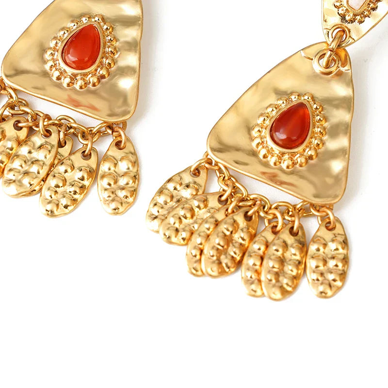 Vintage Leaves Earrings Heavy Metal Gold Studs Tassel