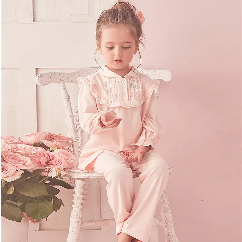 Children Girl's Lolita Pink Pajama Sets.Turndown Collar Tops+Pants.Vintage