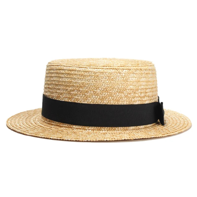 RH Natural Wheat Straw Boater Fedora Top Flat