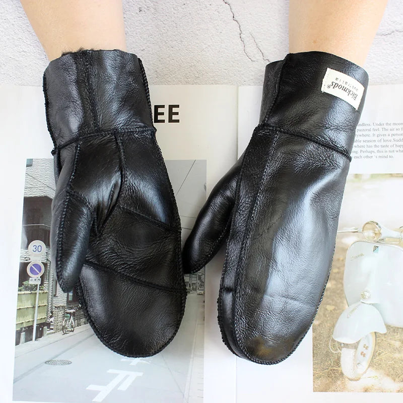Sheepskin Fur Mittens Women's Leather Wool Color Winter