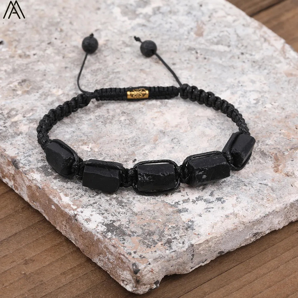 Natural Black Tourmaline Nugget Beads Knotted Handmade Woven