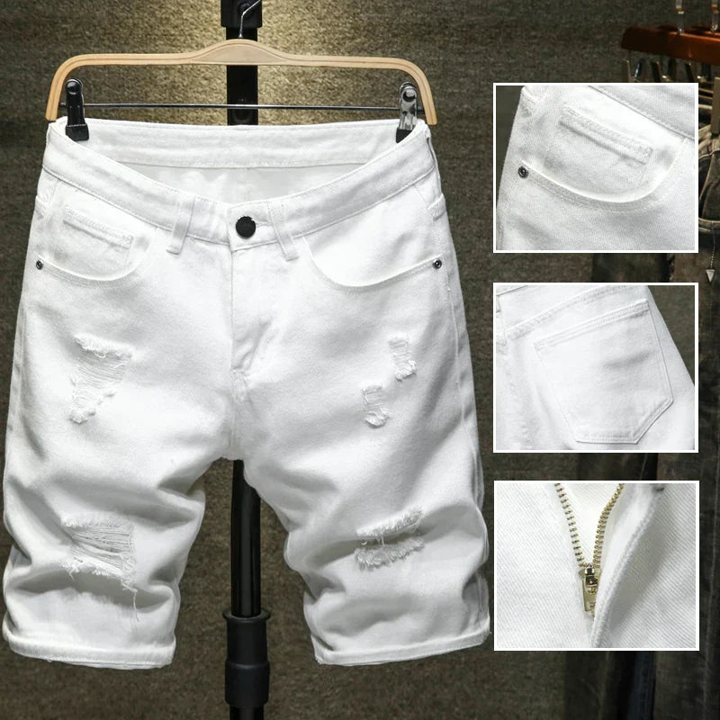 New Summer White black Men Ripped Hole Denim