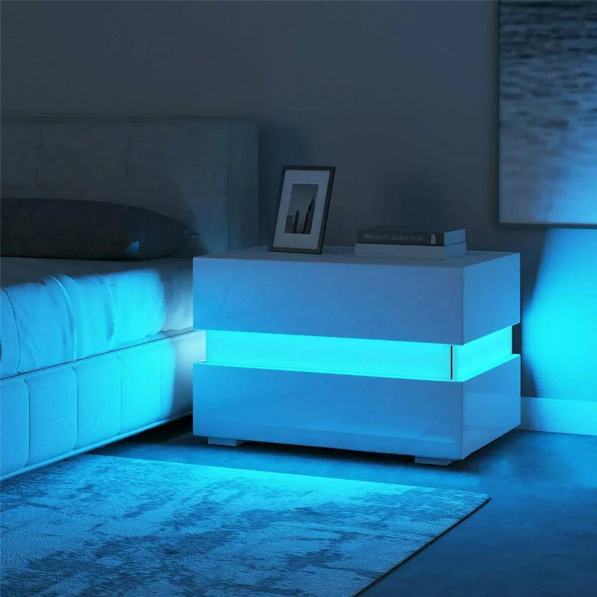 Modern Luxury LED Light Nightstand w/2 Drawers Organizer