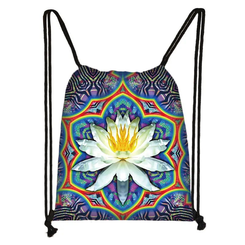 Mandala / Hamsa Fatima Hand/ Buddha Lotus Flower backpack woman Drawstring Bag girls Storage Bag Ladies travel bag