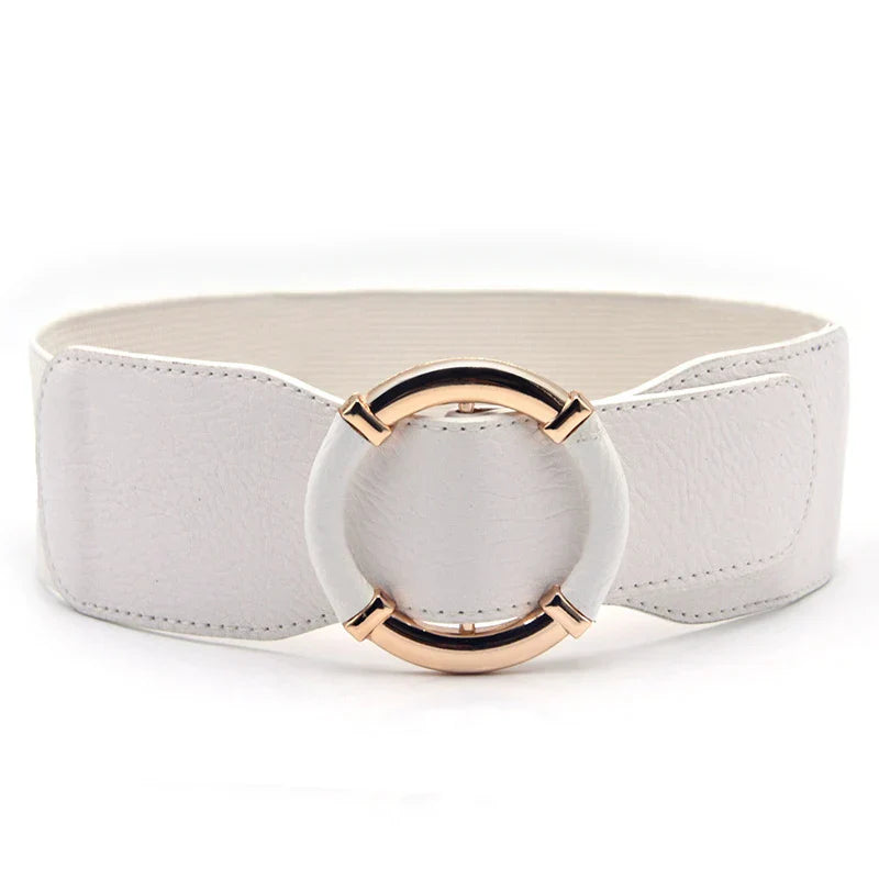 Women Elastic Stretch Waistbands Female Gold Round Buckle