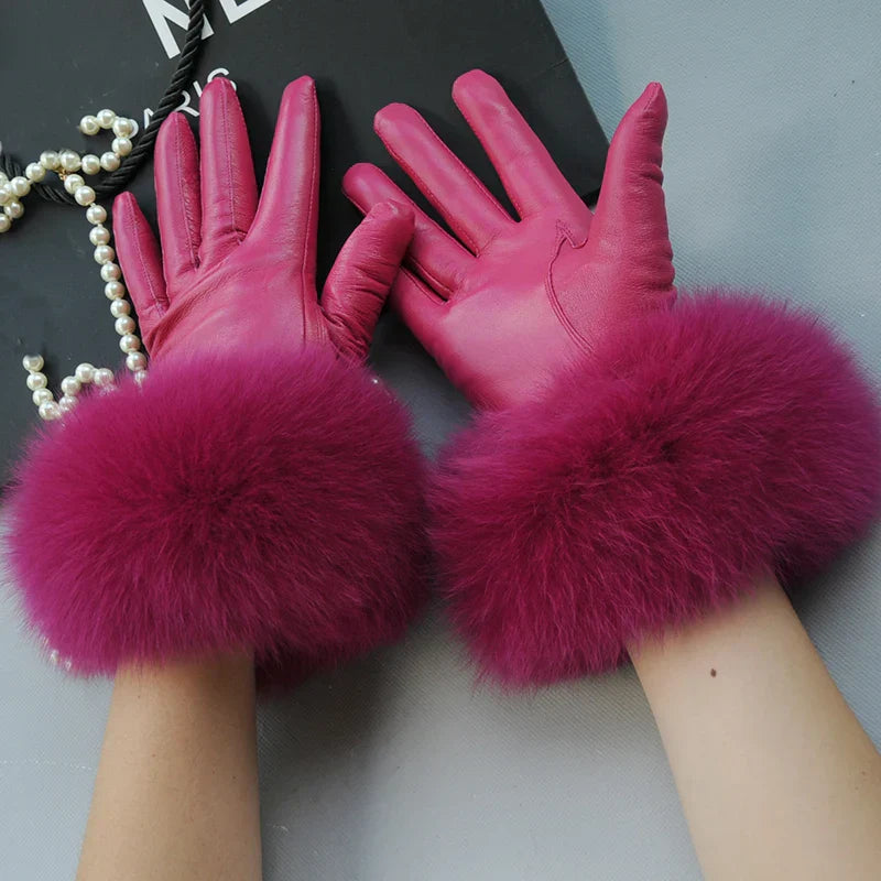 Real Sheepskin Fox Fur Gloves Women's Genuine Leather