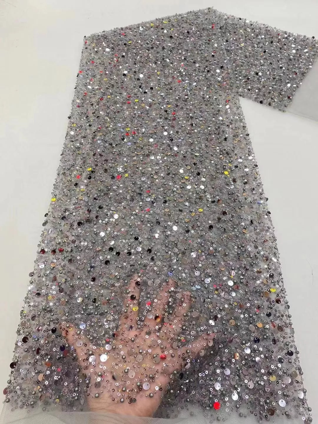 Heavy silver Sequins Lace Fabric With Bead Sequins