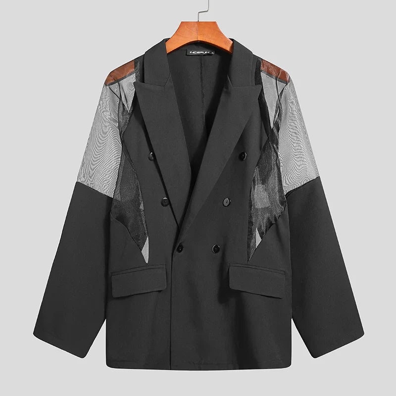 Men Blazer Mesh Patchwork See Through Streetwear Double