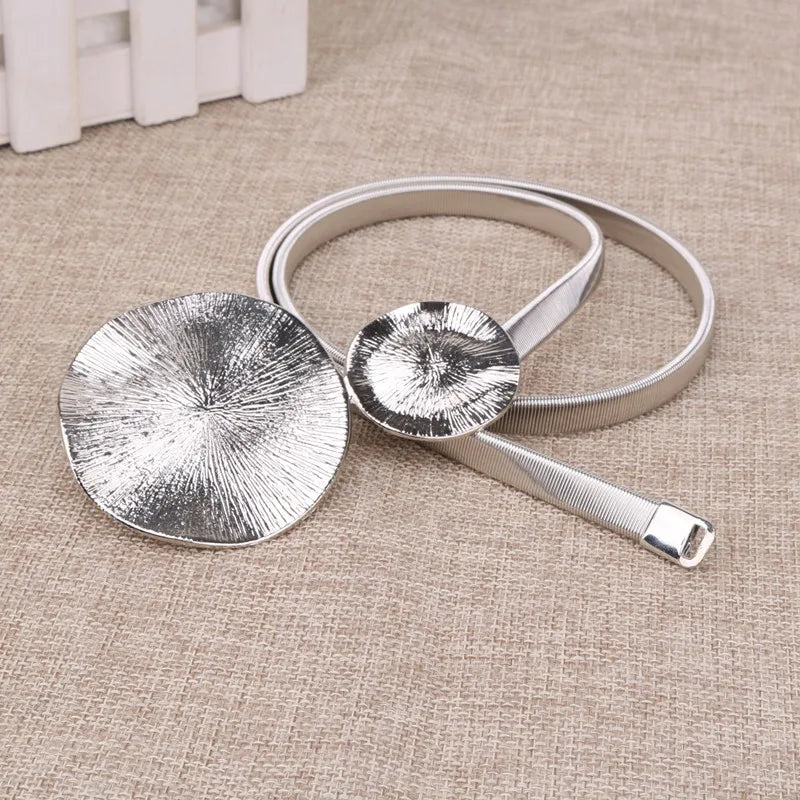 Round Buckle Elastic Belts For Women Metal Gold