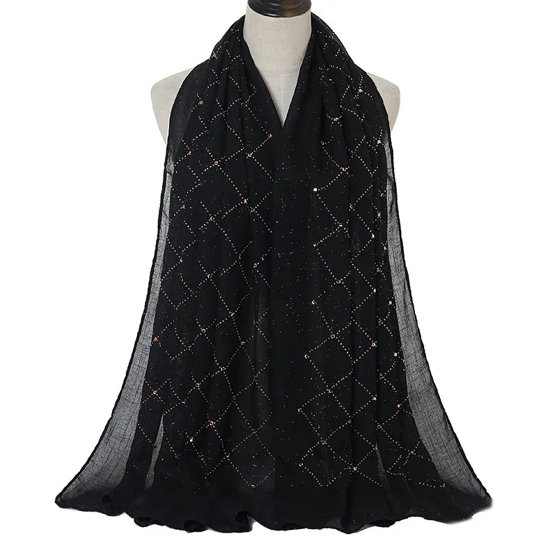 Fashion Plain Cotton Scarf Muslim Hijab Shiny Diamond