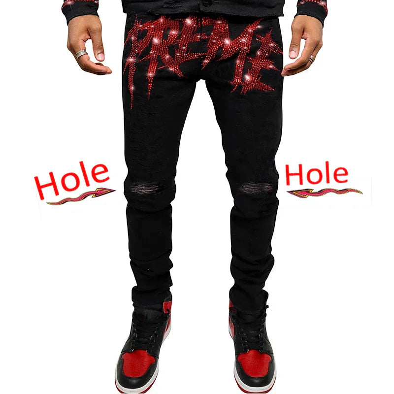 New Man Stretchy Jeans Black Skinny Hot Drill