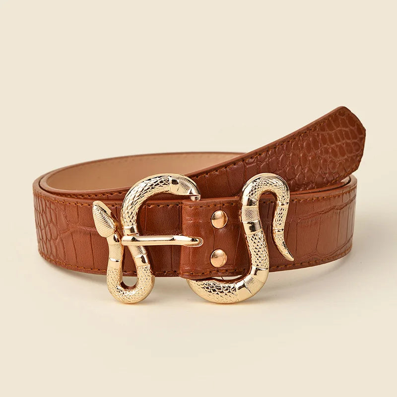 Fashion Women's PU Imitation Crocodile Leather Belt Metal