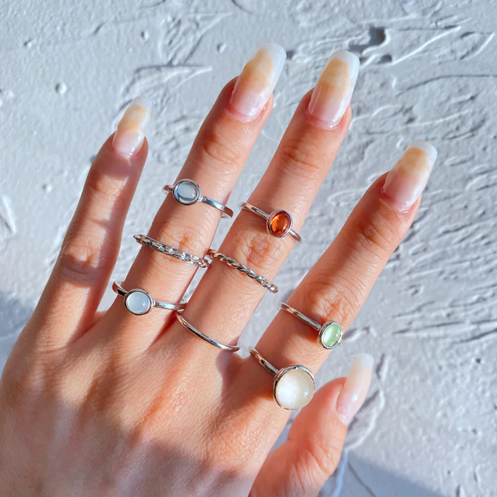 Korean Colorful Stone Rings Set for Women Girls