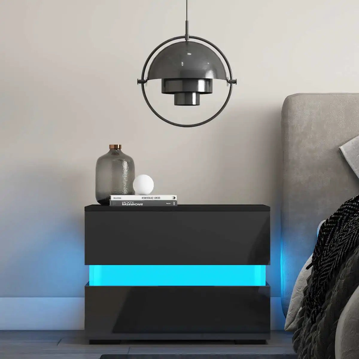 Modern Luxury LED Light Nightstand w/2 Drawers Organizer