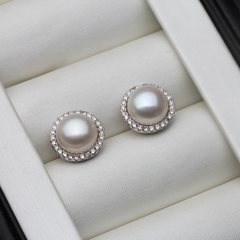 Wedding Natural White Freshwater Pearl Earrings 925 Silver