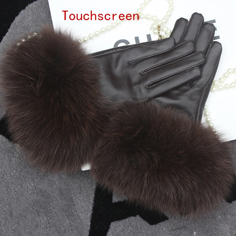 Real Sheepskin Fox Fur Gloves Women's Genuine Leather