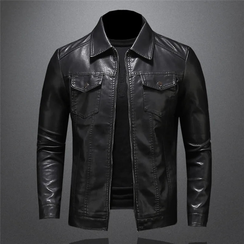 Men's Motorcycle Leather Jacket Large Size Pocket Black