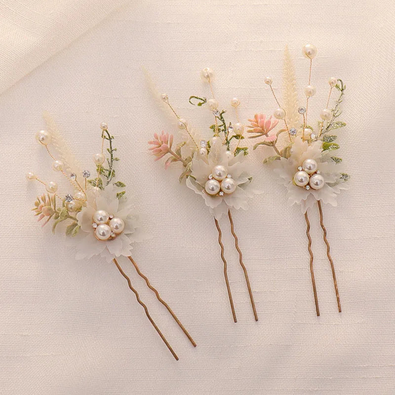 3PCS Flower Hairpin Bride Headdress For Women Pearl