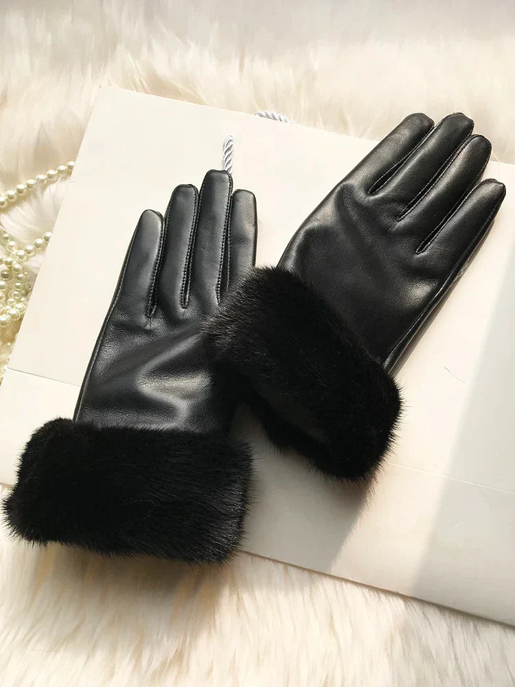 Real Sheepskin Fox Fur Gloves Women's Genuine Leather