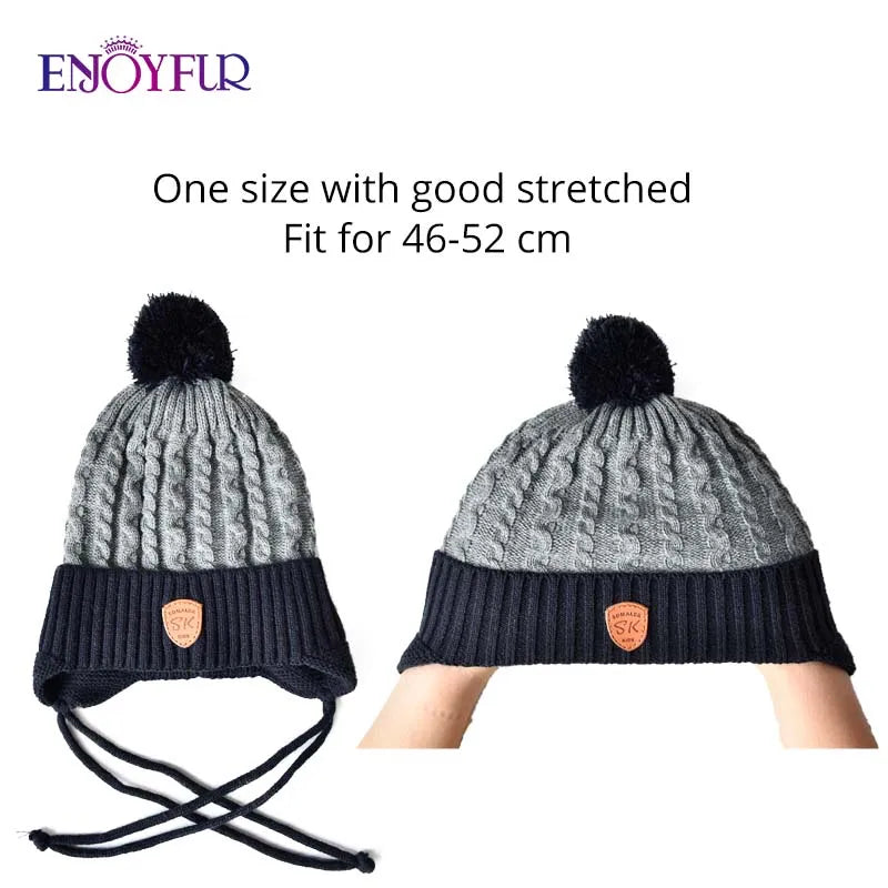 ENJOYFUR Warm Winter Baby Knitted Hats Real Fur