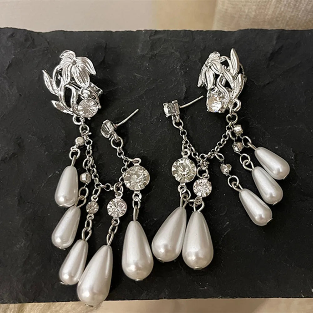 Vintage Rhinestone Pearl Tassel Chain Earrings Ear Clips