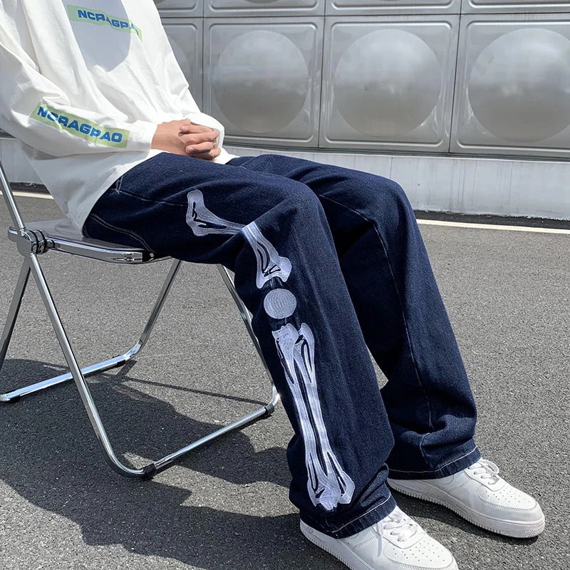 Jeans Men Skeleton Baggy Casual Jean Pants Mens