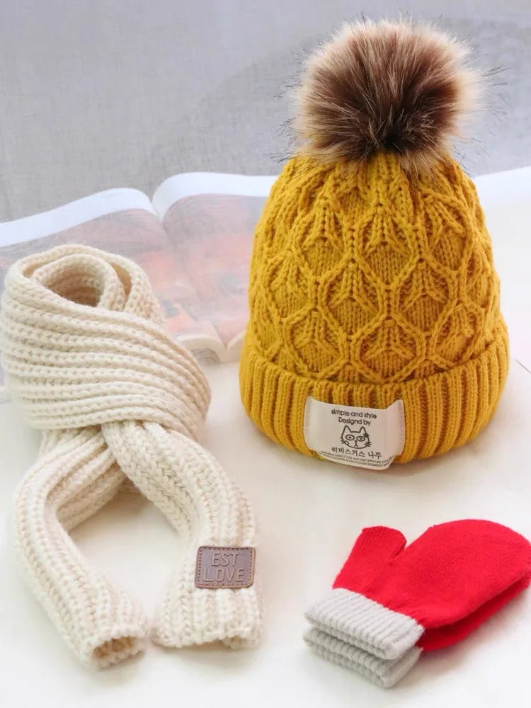 Three piece children's hat and scarf autumnwinter warm