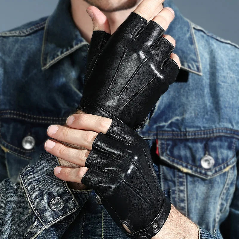 Men Women Genuine Leather Gloves Lovers Fingerless Mittens