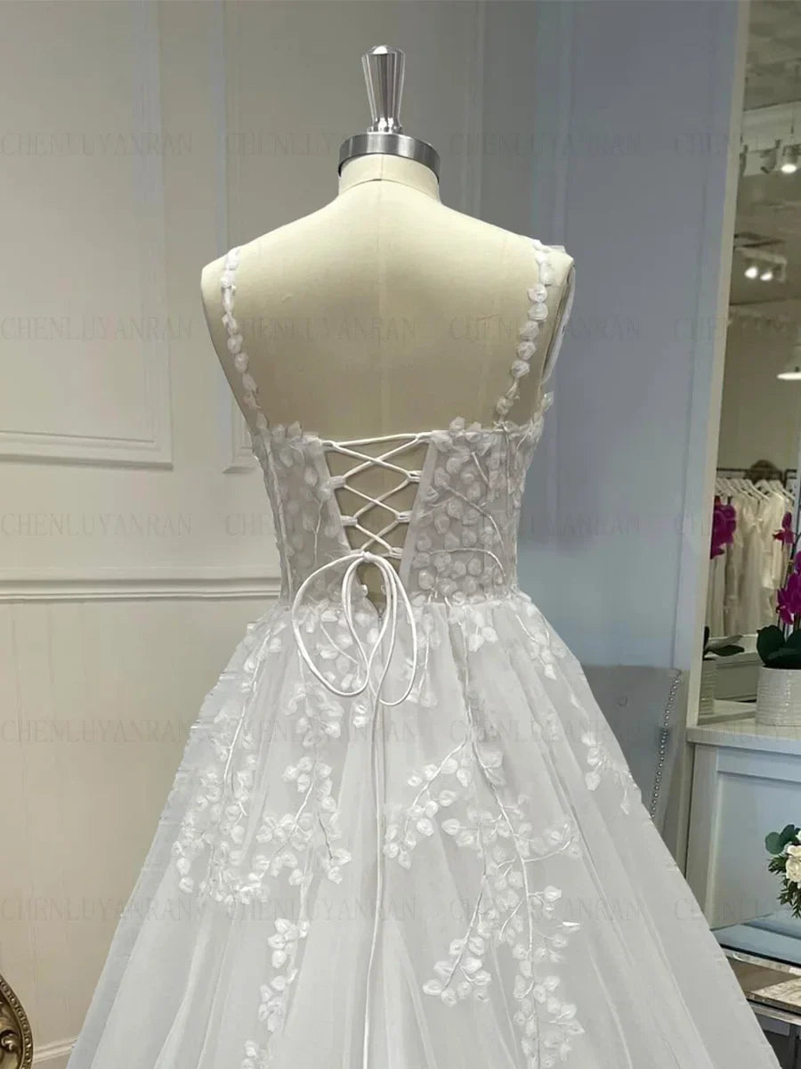 High Quality Wedding Dress For Bride Tulle Spaghetti Straps Lace Up Bride Gowns Civil Applique A-Line Sweep Train Robe De Mariée