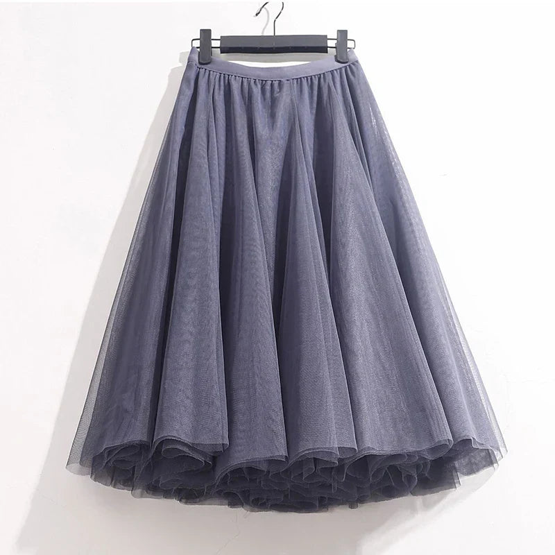 High Waist Solid Midi Pleated Tulle Skirt A-line