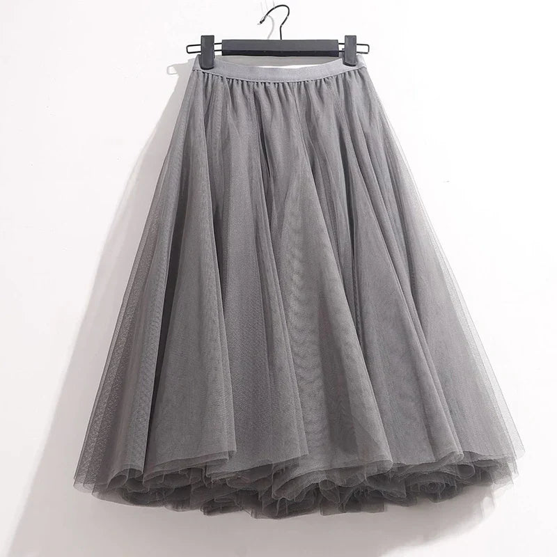 High Waist Solid Midi Pleated Tulle Skirt A-line