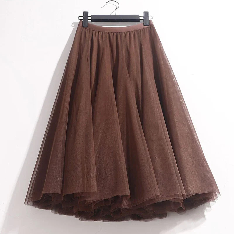 High Waist Solid Midi Pleated Tulle Skirt A-line