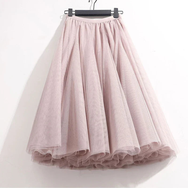 High Waist Solid Midi Pleated Tulle Skirt A-line