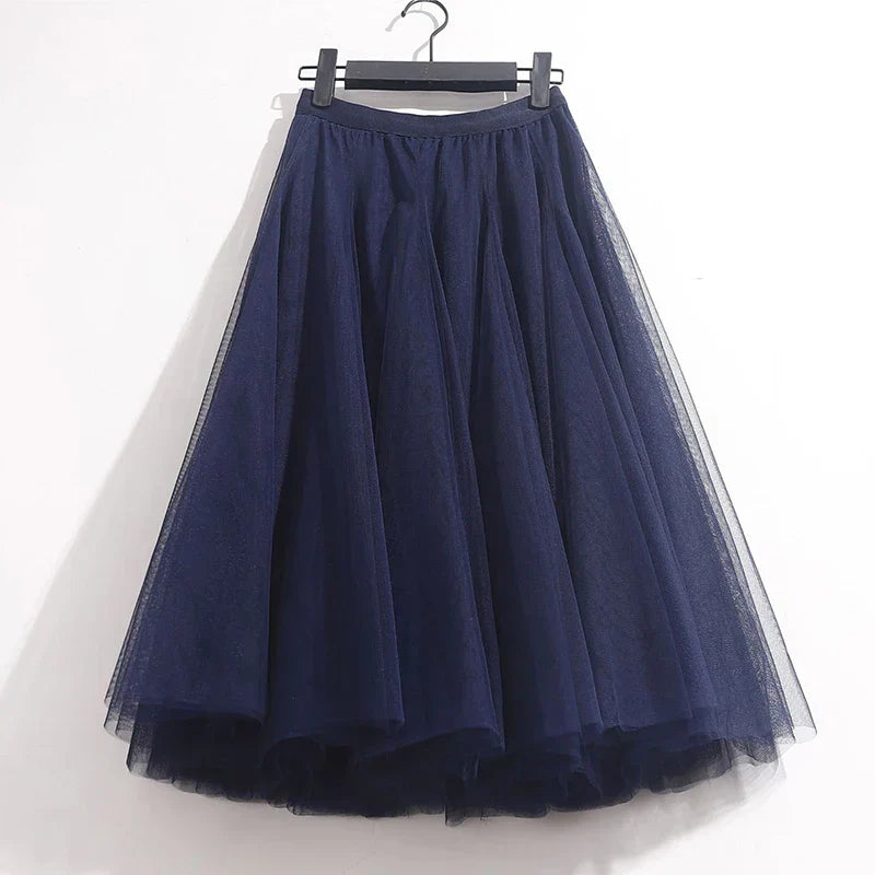 High Waist Solid Midi Pleated Tulle Skirt A-line