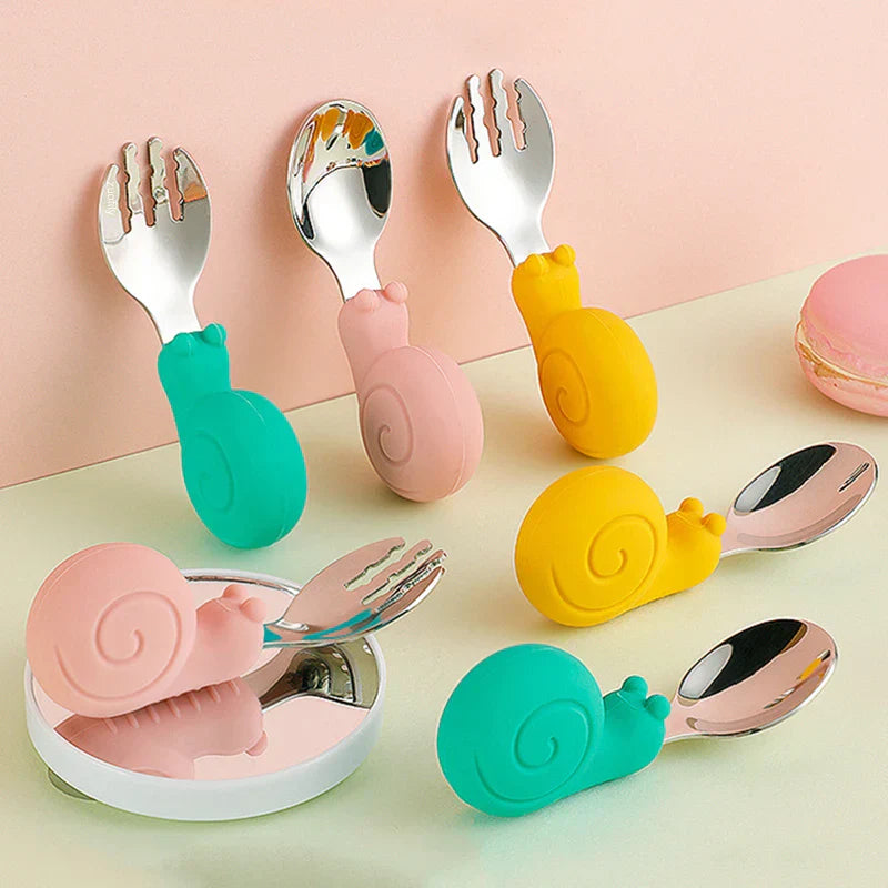 Hippo Snail Whale Silicone Baby Spoon and Fork
