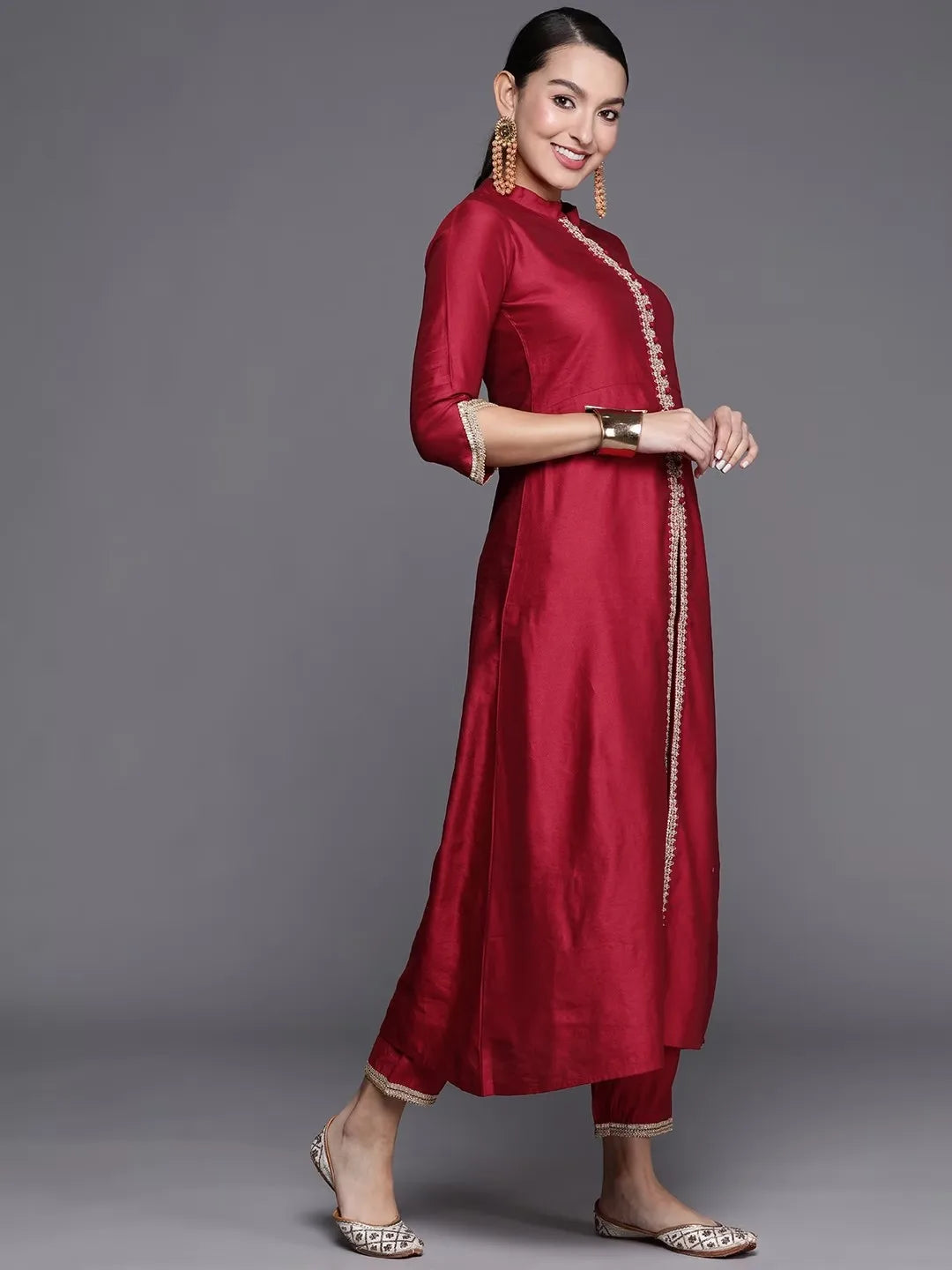 Indian Womens Red Silk Cotton 3piece Set With