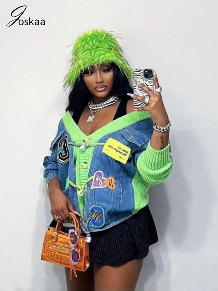 Joskaa Denim Patchwork Knit Sweater Cardigans Women V-Neck