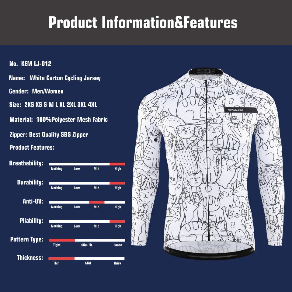 KEMALOCE Cycling Jersey Long Sleeves Men&Women White&Black Cartoon