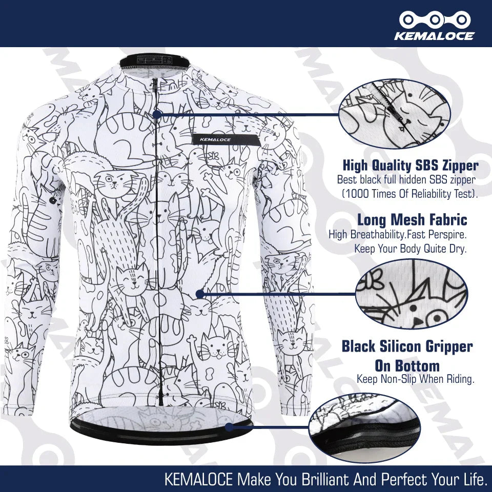 KEMALOCE Cycling Jersey Long Sleeves Men&Women White&Black Cartoon