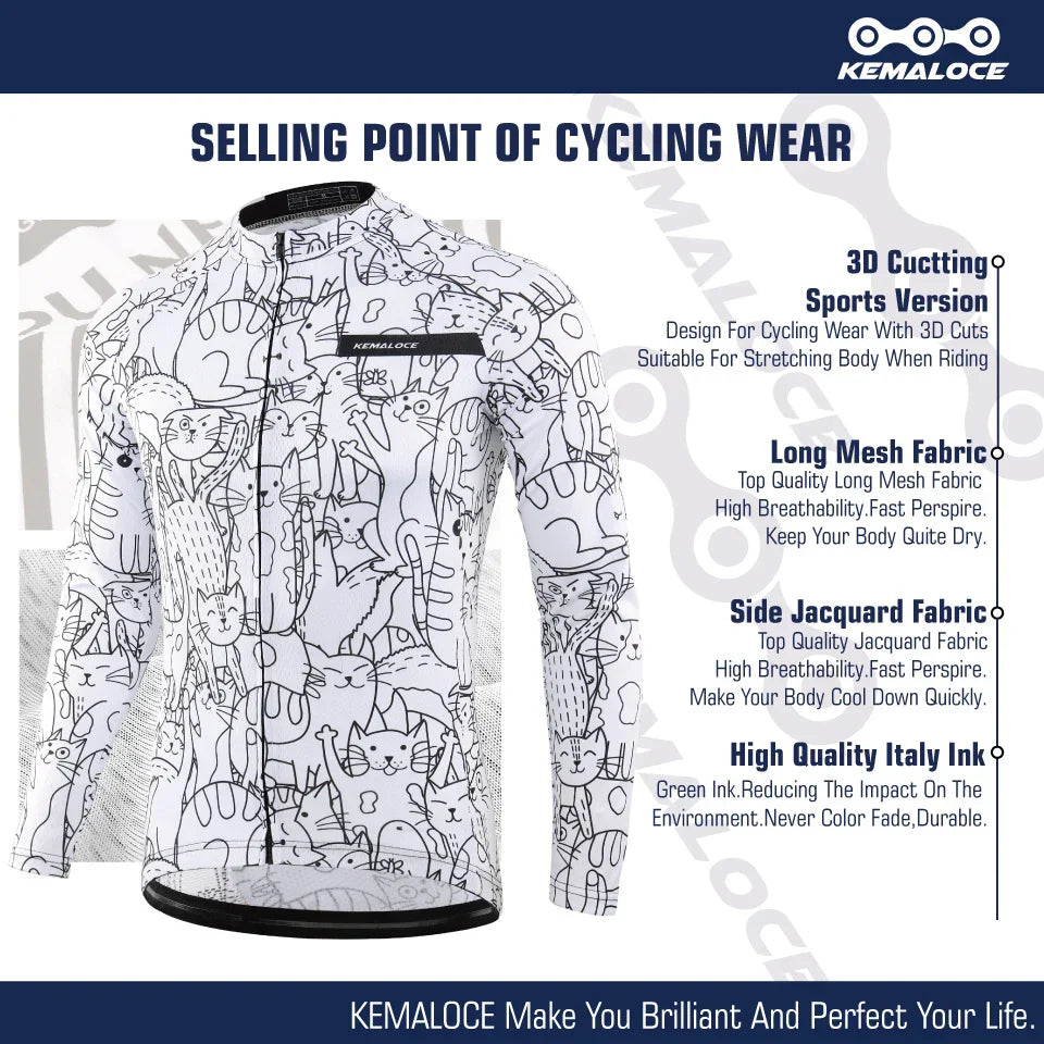 KEMALOCE Cycling Jersey Long Sleeves Men&Women White&Black Cartoon
