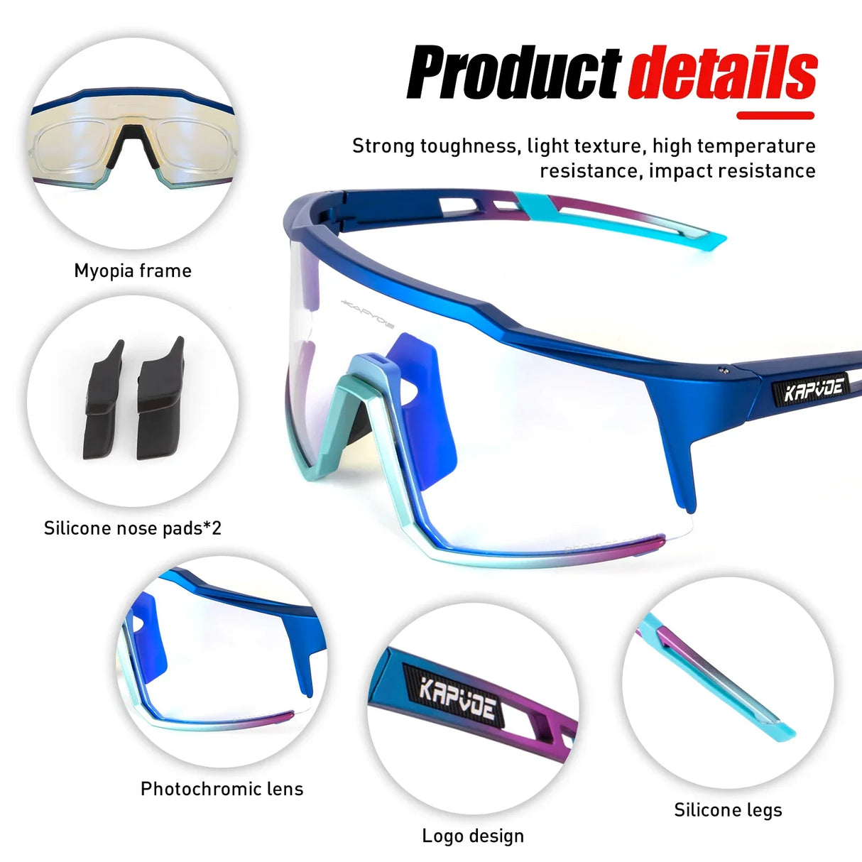 Kapvoe Red Photochromic Hiking Driving Cycling Sunglasses UV400