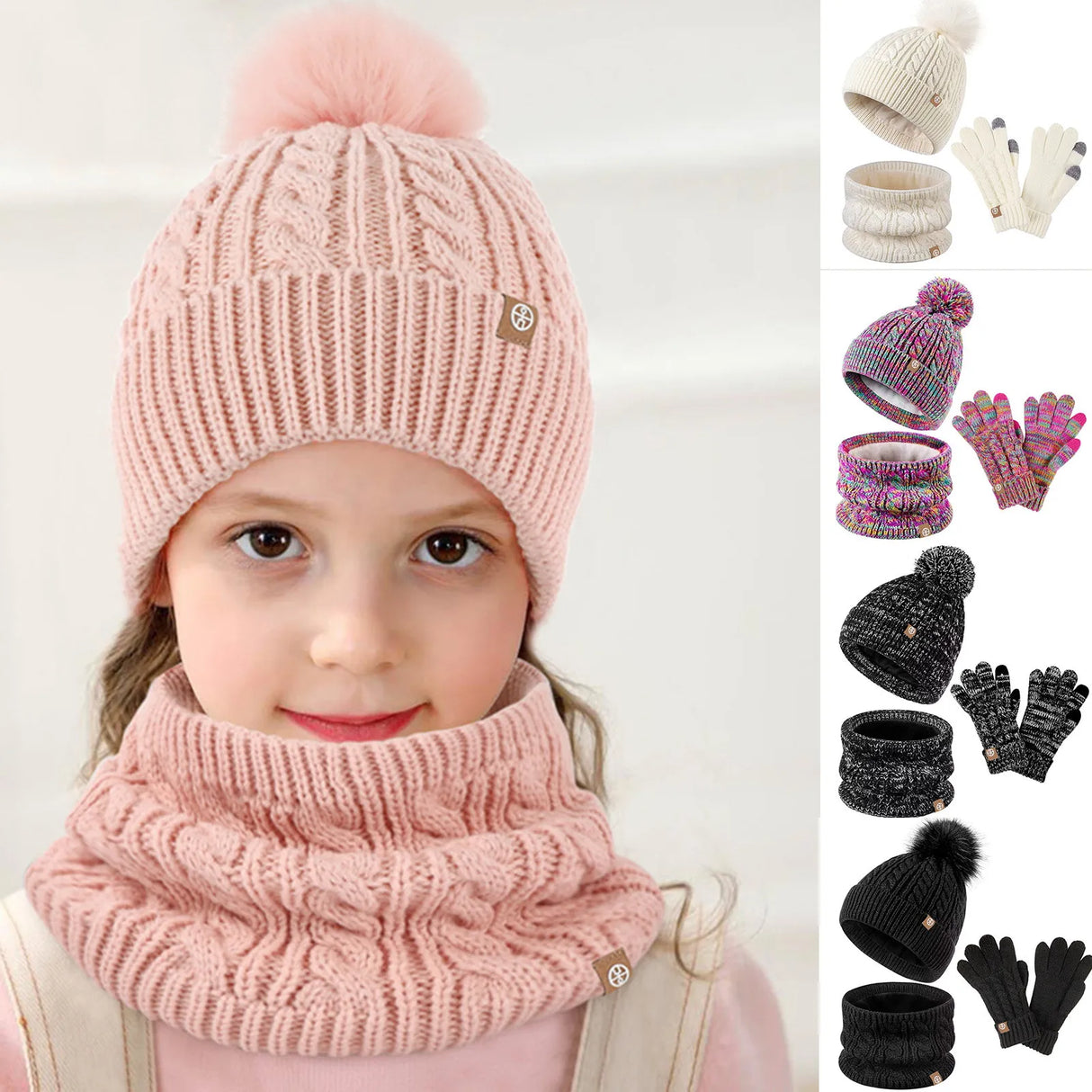 Kids Warm Hats Winter Hat Gloves Scarf Set