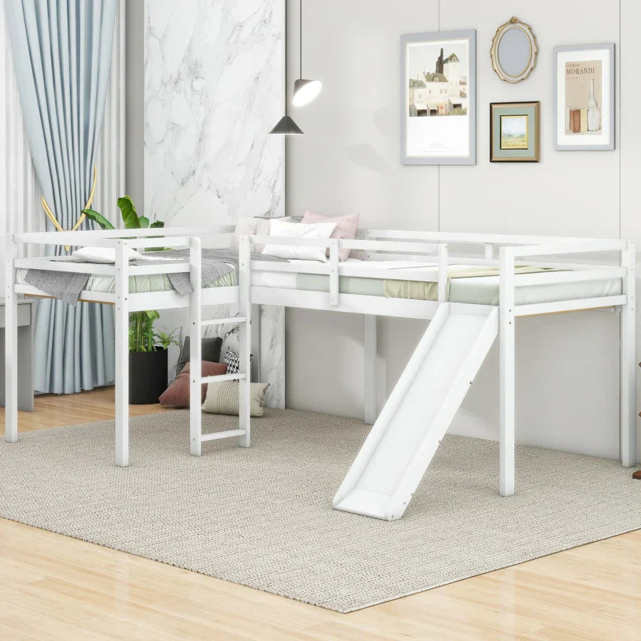 L-Shaped Twin Size Loft Bed with Ladder and